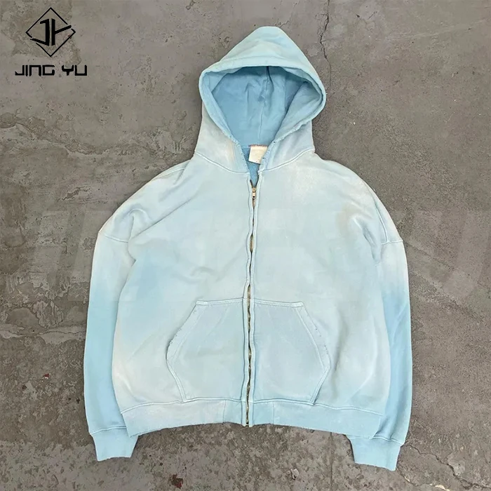 Custom High Quality Streetwear Hoodie Fleece Blank Zip Up Vintage Acid Wash Sun Faded Distressed Pockets Hoodies