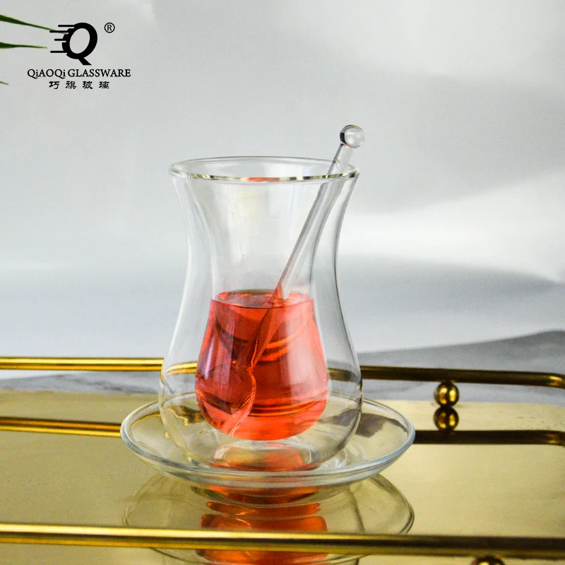 Wholesale Handmade double-layer glass Turkish black tea cup home coffee cup set glass spoon stirring tea cup