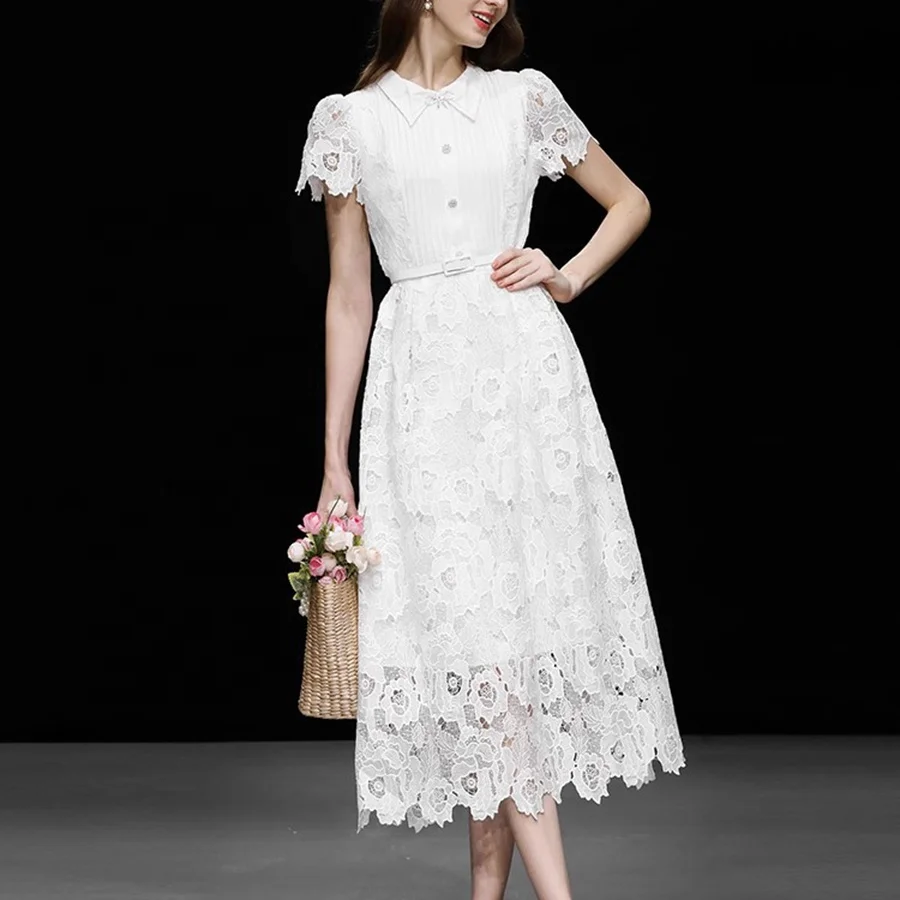 Elegant Banquet Dress 2024 Summer New Style French Lace Vintage Bubble Sleeves Wrapped Waist White Dress