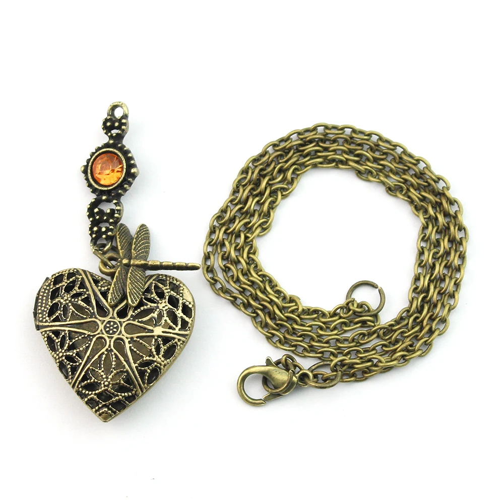 Outlander Dragonfly in Amber Crystal Celtic Heart Locket Necklace