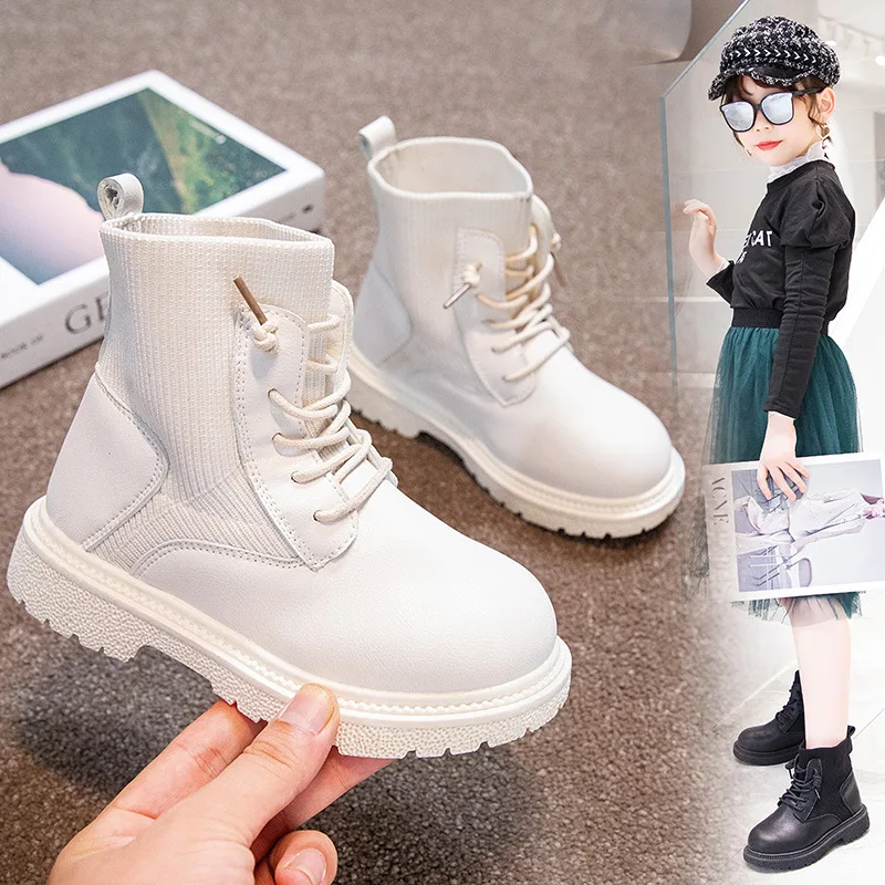 2021 New Fashion Trend Leather Girls Boots Lace-up Ankle Sock Autumn And Spring