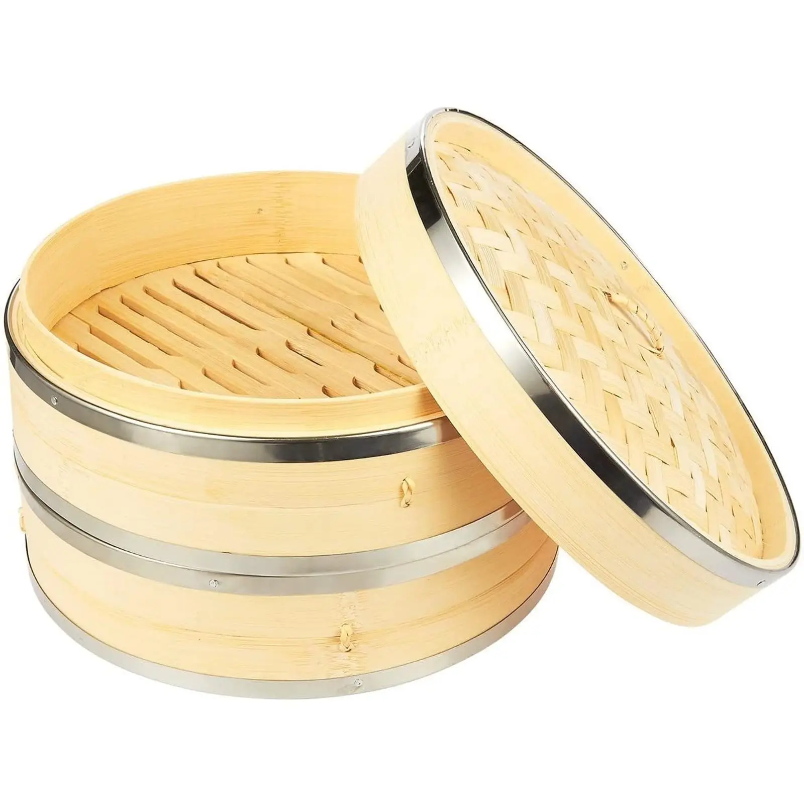Wholesale 2 Tier  10 Inch Bamboo Steamer Basket for Kitchen,Large Capacity Dumpling,Vegetable Steamer Basket with Steel Rings