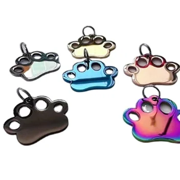Cute hollow paw footprint design stainless steel pet tag keychain necklace accessories engraved cat and dog collar accessories