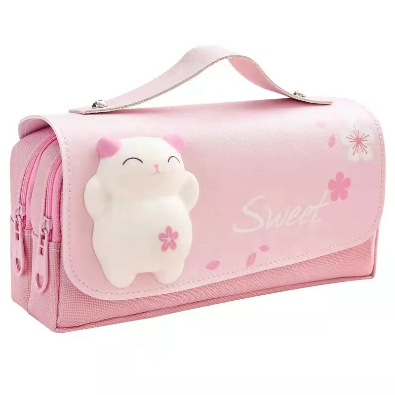 Cute cat macaron color large capacity decompression EVA pencil case with double layers for kawaii stationery gift bag