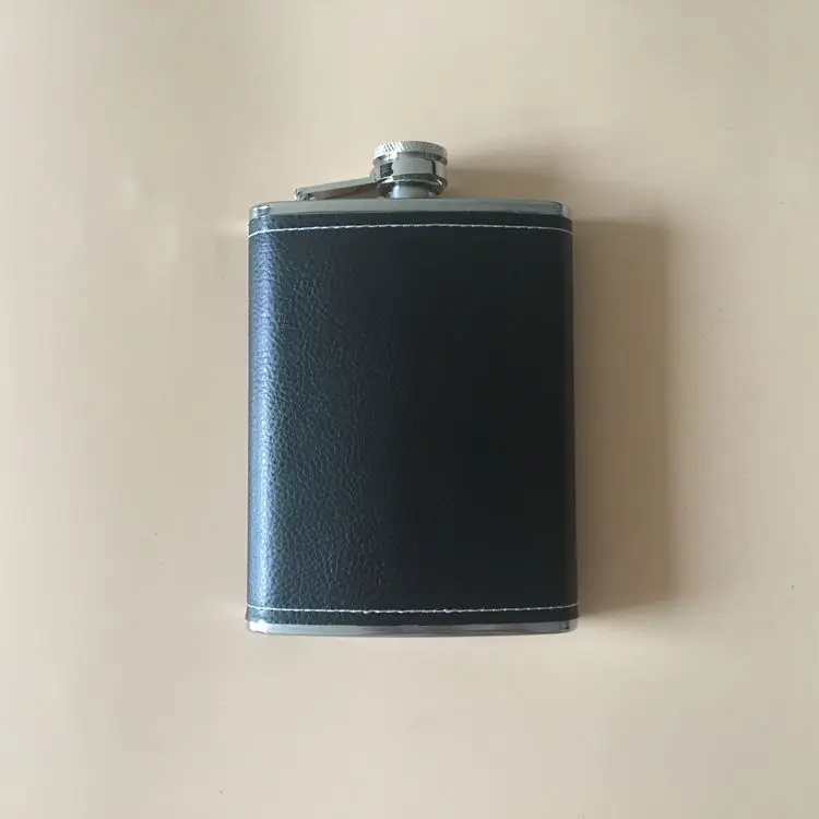 Stainless Steel Black Hip Flask With Leather Cover for Whisky