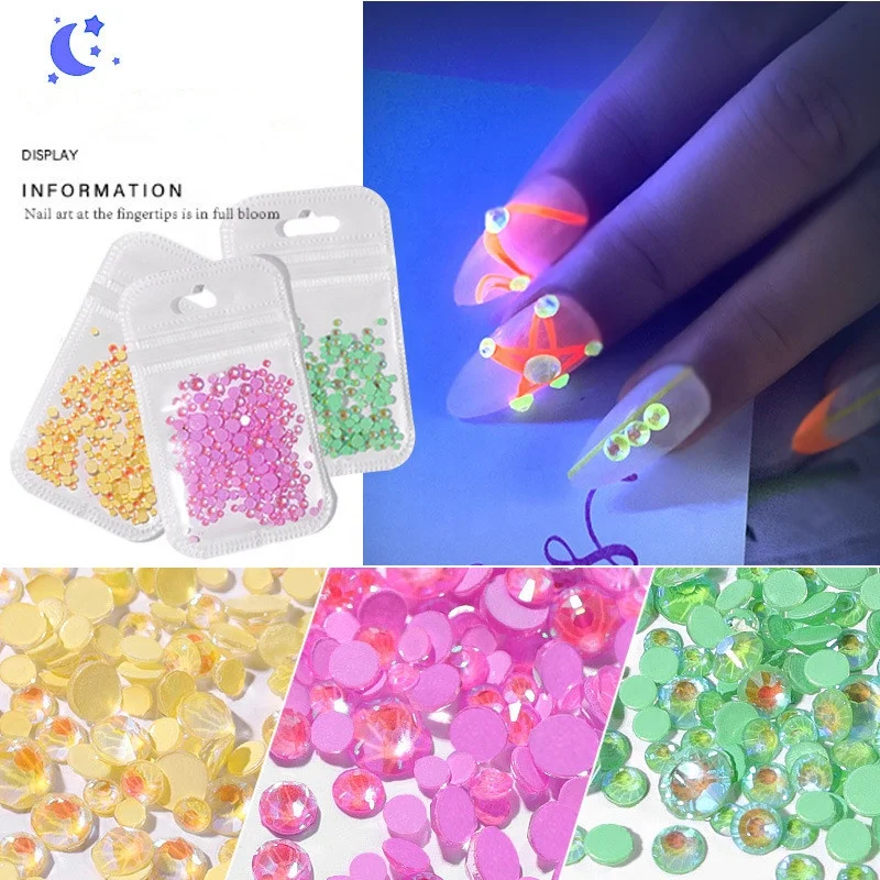 Wholesale Mixed Sizes Luminous Nail Rhinestones Crystal Shiny Nail Flat Drill Flash Glass Nail Art Decorations Tools