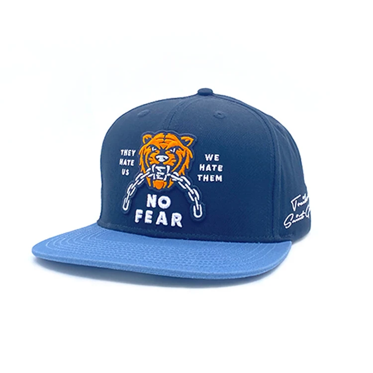 Customized Logo 5 Panels 100% Cotton Tiger Embroidered Flat Brim Adjustable Snapback Cap