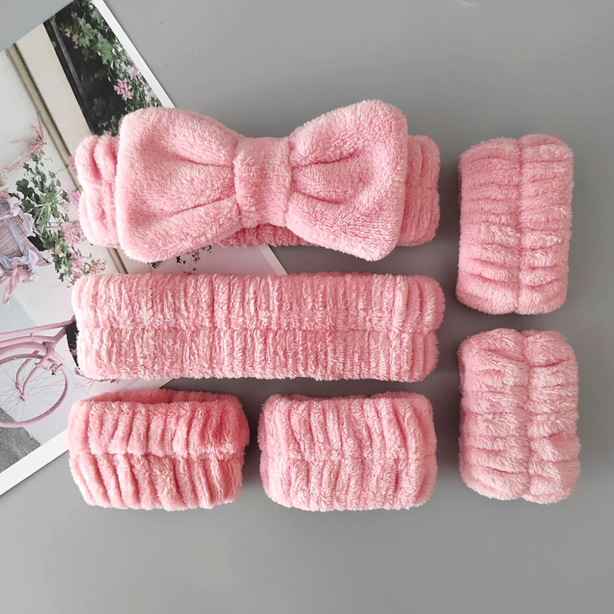 High quality spa solid color bow headband, flannel soft face and makeup wristband set