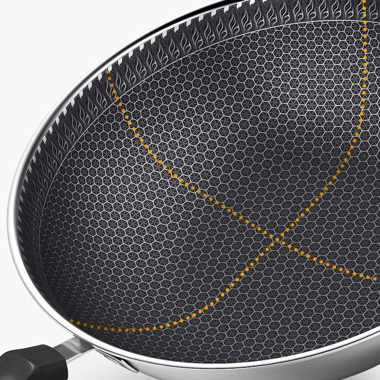 Wholesale nonstick coating fry pan cooking wok honeycomb household cooking wok stainless steel pan with glass lid