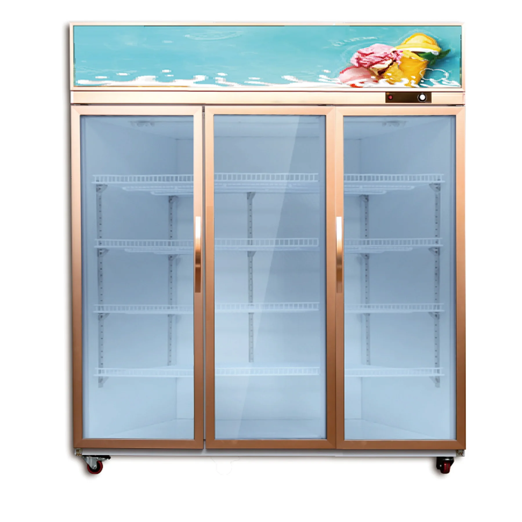 Стеклянная дверь мерчендайзер, верхние монтированные дисплеи охладители, вертикальная охлаждающая витрина с вентилятором для магазинов, сохранение свежести