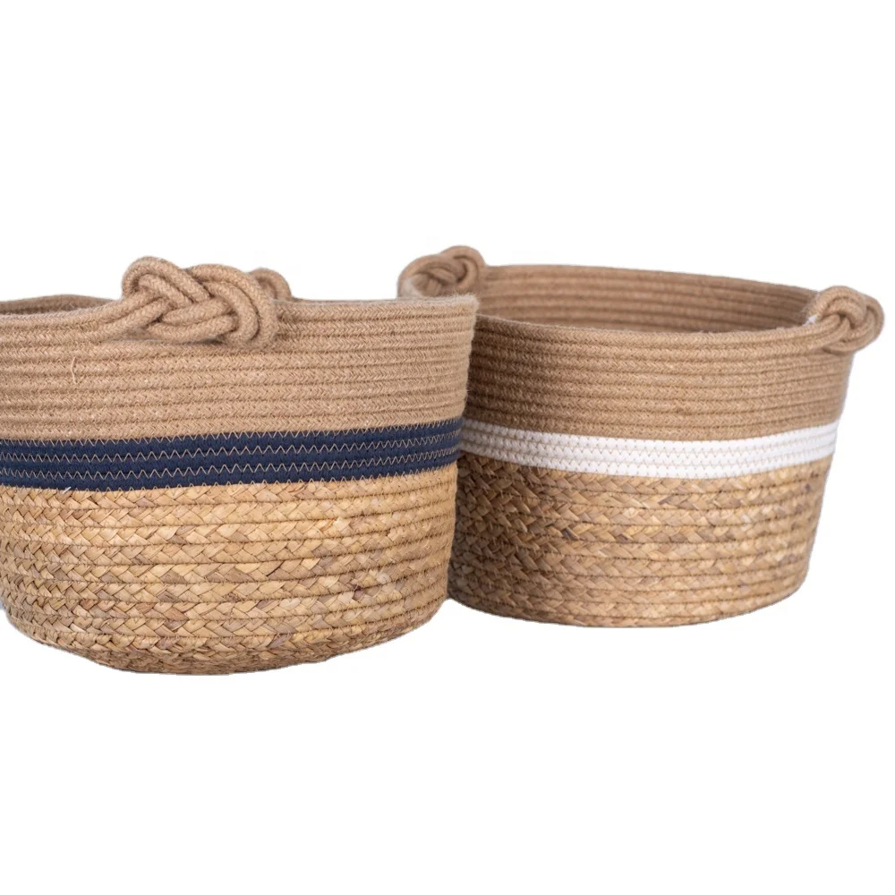 Manufacturers customized oversize high quality cotton rope Woven basket of water hyacinth grass with Chinese knot handle