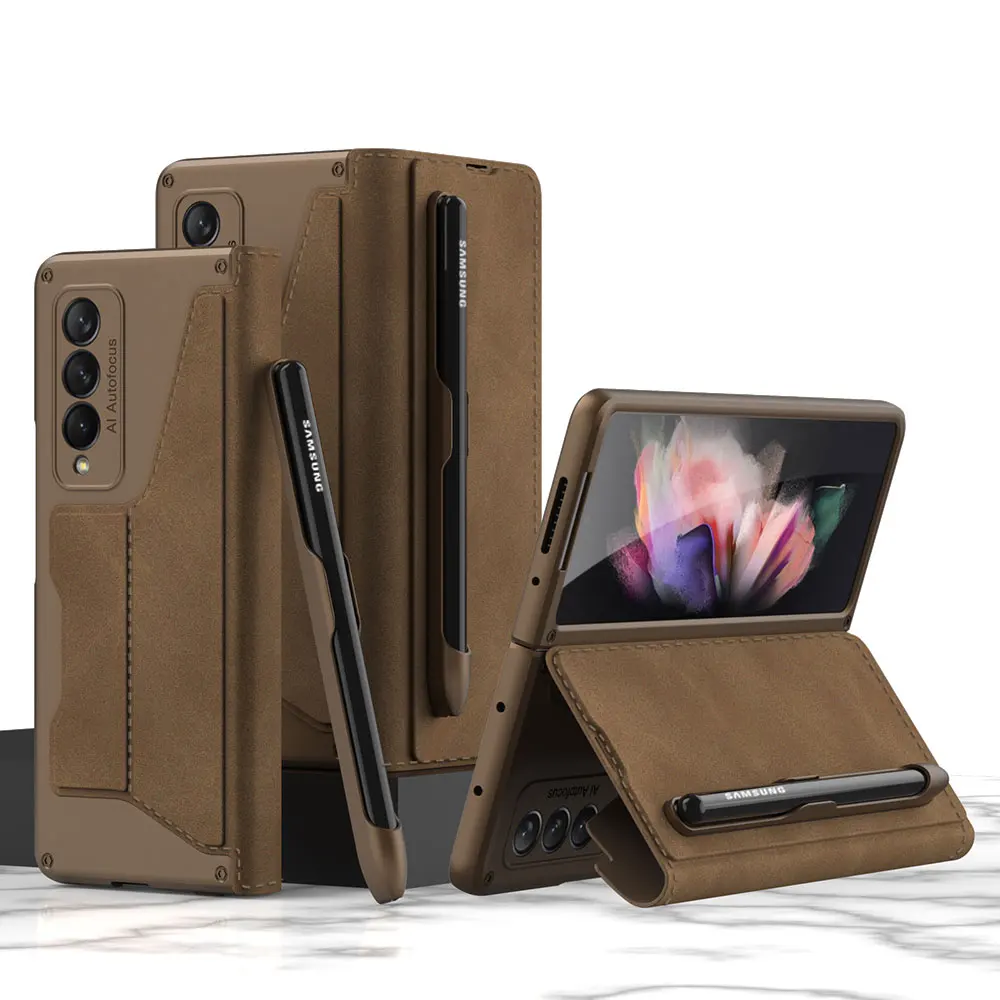 New Microfiber Foldable Flip Protective Phone Cover for Samsung Galaxy Z Fold 3 Wallet Pen Slots Multifunctional Cellphone Case
