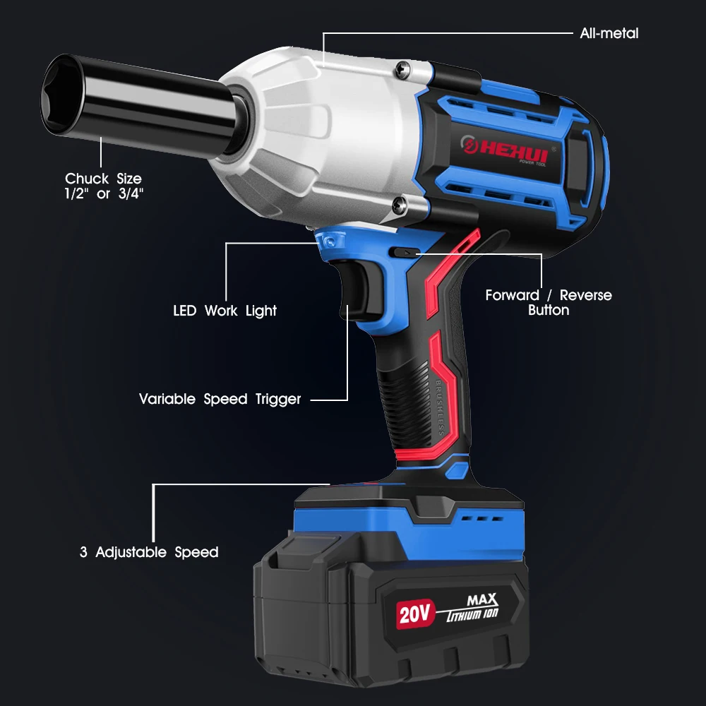 Hehui 20V Max Car Repair Tool 1000N.M Power Cordless Brushless Adjustable Torque Impact Wrench