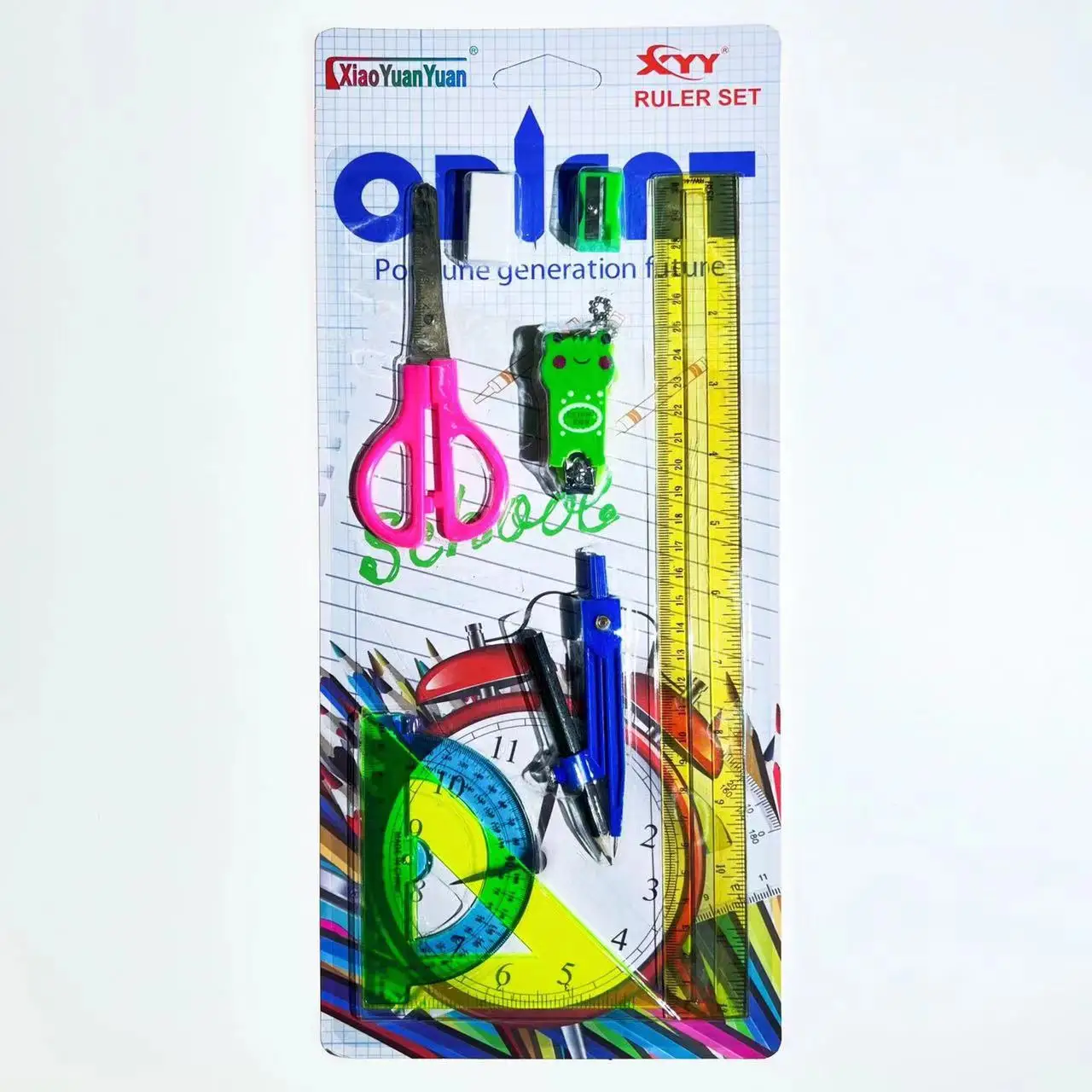 Hot Sale School Stationery Math Geometric Plastic Ruler Triangle Protractor 12 Pcs Set