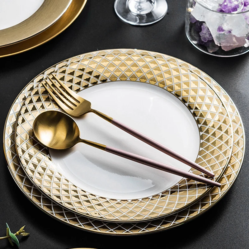Luxury Sets Dinnerware Dinner Plates 10 Inch Gold Plated Ceramic Plates for Wedding Restaurant Hotel