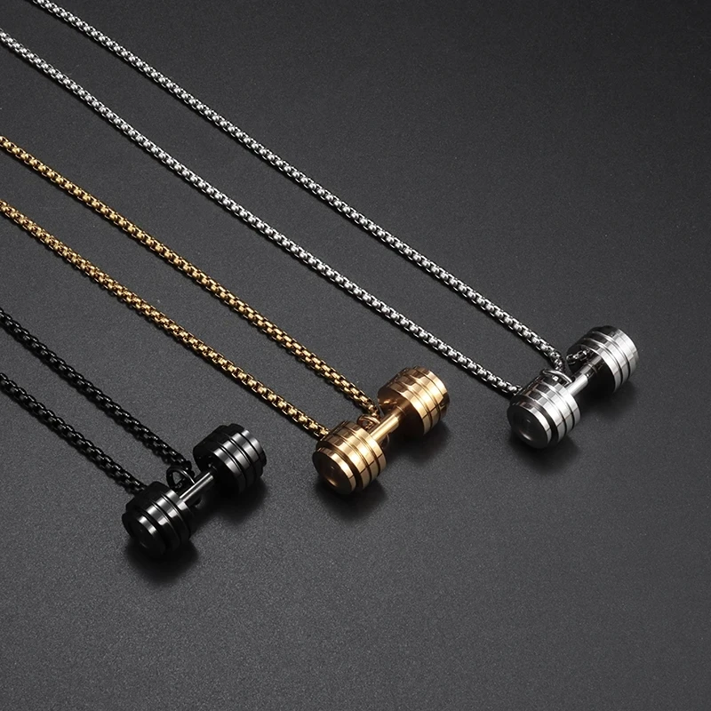 Mens Stainless Steel Barbell Gym Weight Lifting Dumbbell Necklace Pendant