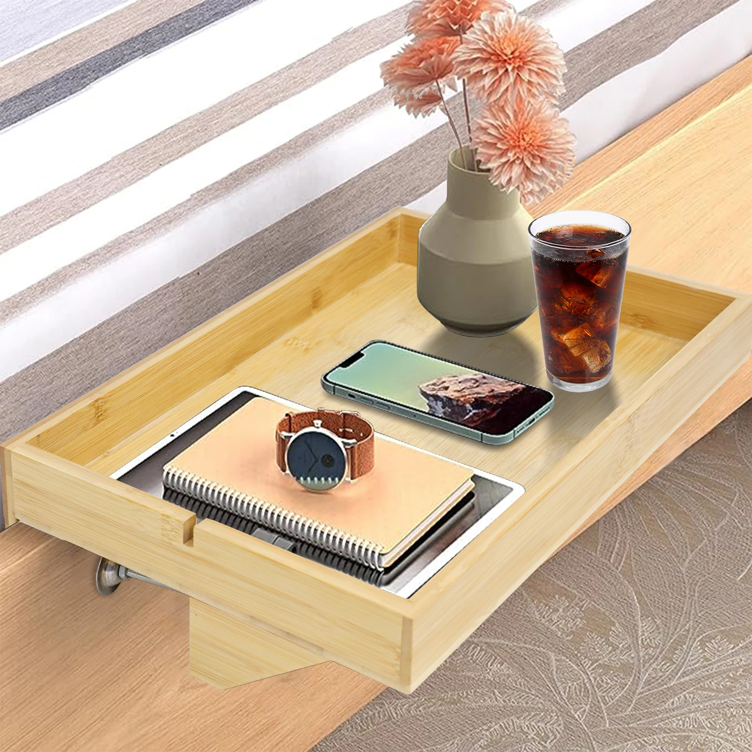 GL Home Furniture Removable Bamboo Bedside Shelf Table Adjustable Clip On Tray Living Room Storage Organizer Shelf