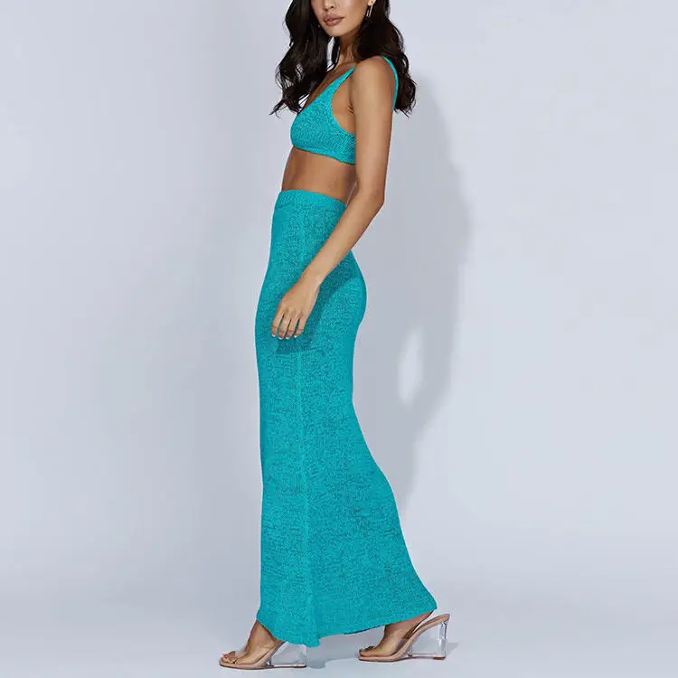 Fashion Custom Knitted Manufacturer 2 Piece Set Bodycon Crochet Maxi Sweater Dresses