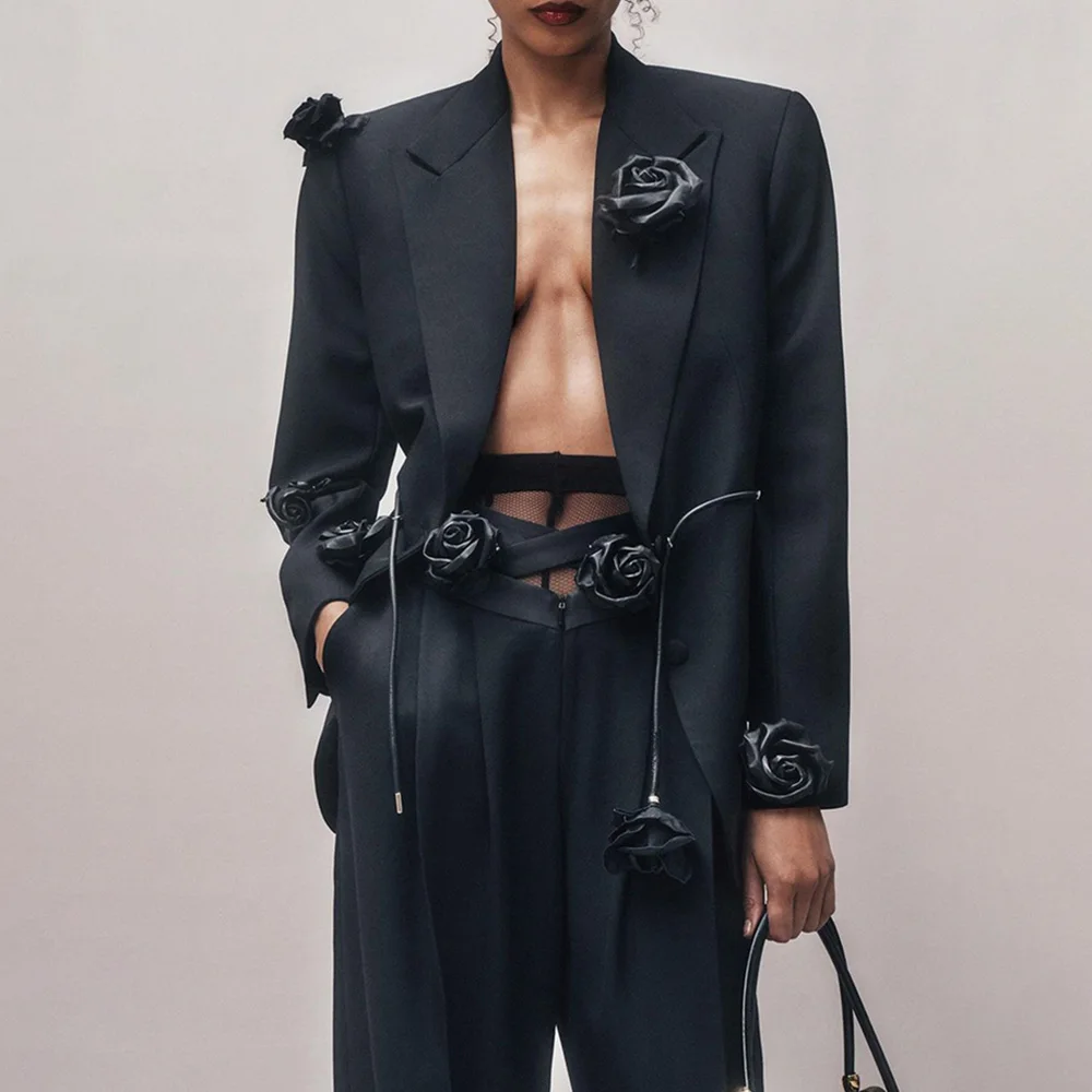 TWOTWINSTYLE Advanced Design Top Quality Elegant Personalized Black 3D Flower Deep V Neck Women Suit Two Piece Sets