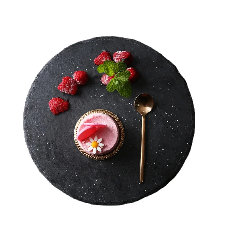 Rectangle Black Rock Plate Slab Round Natural Slate Dinner Plates Pasta Sushi Food Photography Props Serving Tray Cake Dishes pl