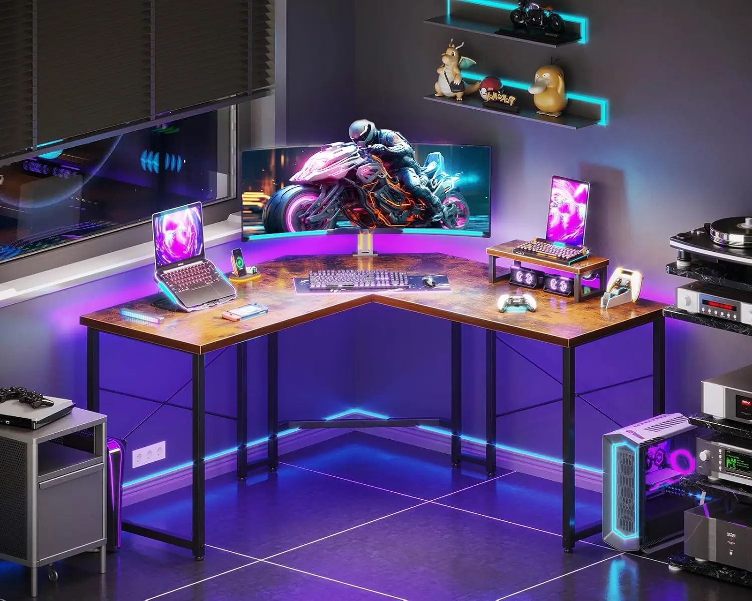 Combohome Custom Home Office Wood L Shaped Corner Gaming Computer Desk PC Table With Monitor Stand