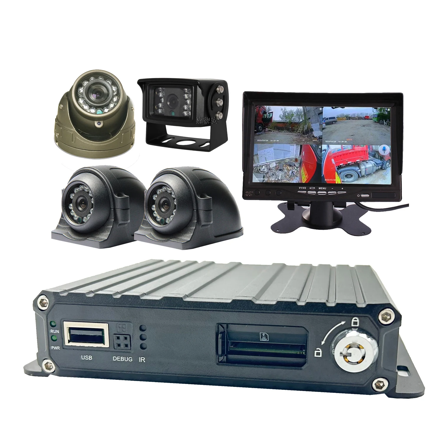 Surveillance camera System with 4CH GPS 1080P AHD sd card Mobile DVR 7 inch VGA Monitor and 4 IR Night Vision Waterproof Cameras