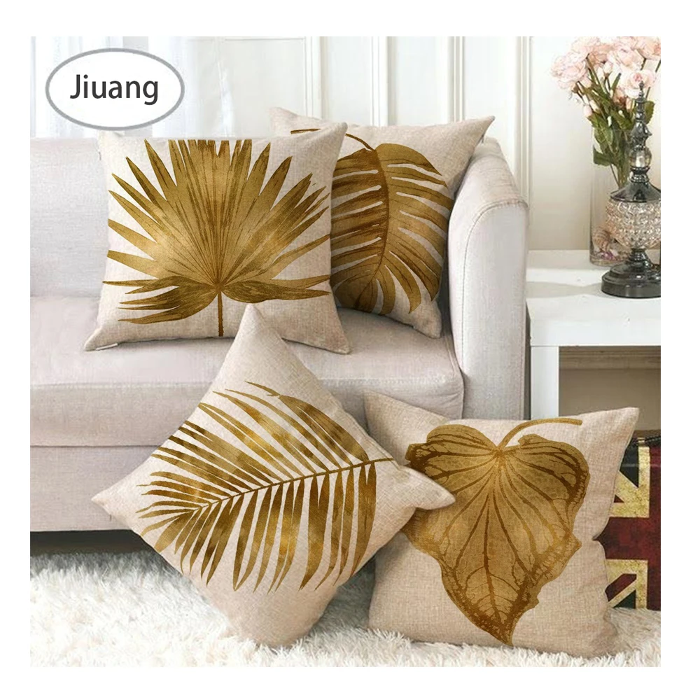 JA Wholesale Gold Print Leaf Square Throw Pillow Covers Home Decorative Couch Sofa Bedroom Cushion Cases for Living Room