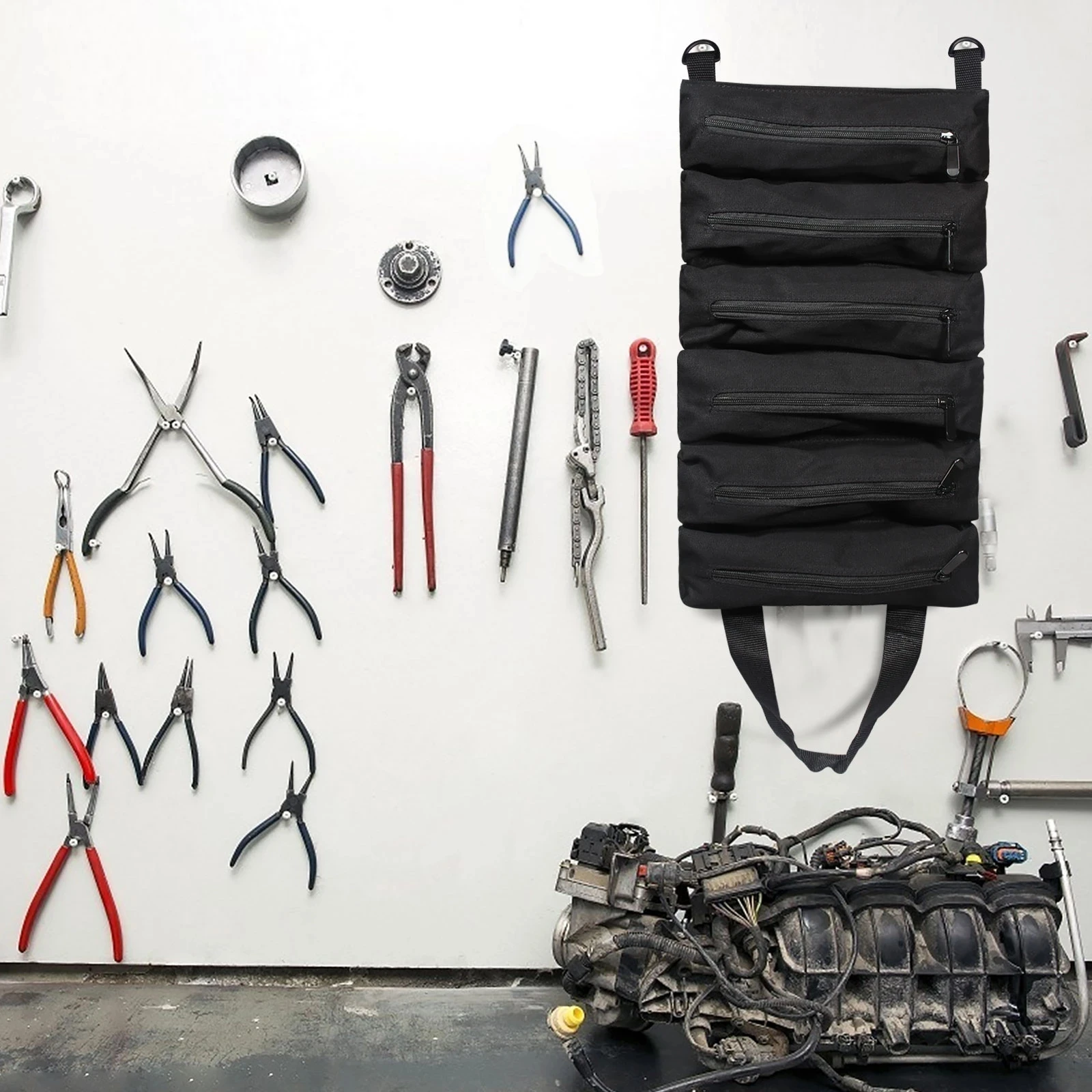 Canvas Tool Roll Pouch with 5 Zipper Pockets Tool Organizer Bag