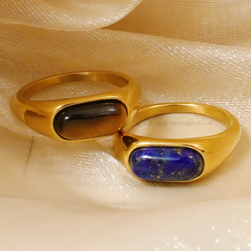 18k Gold Plated Jewelry Colorful Crystals Healing Stones Stainless Steel Rings Tiger Eye Waterproof Jewelry Natural Stone Ring