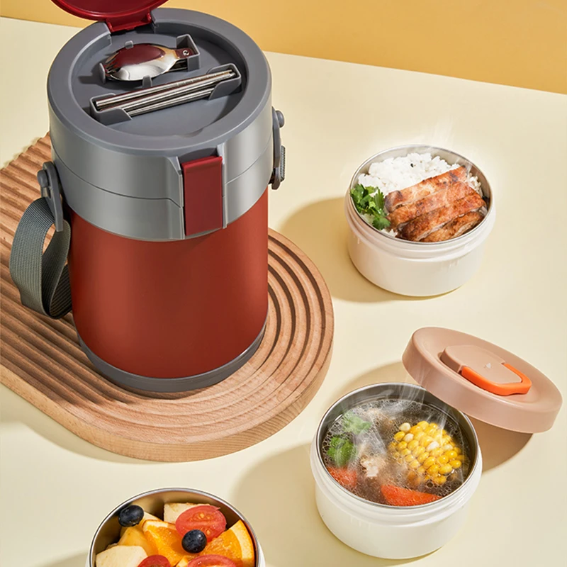 3 layer insulated vacuum metal Stainless Steel Portable Kids lunch box thermos food flasks food warmer for School