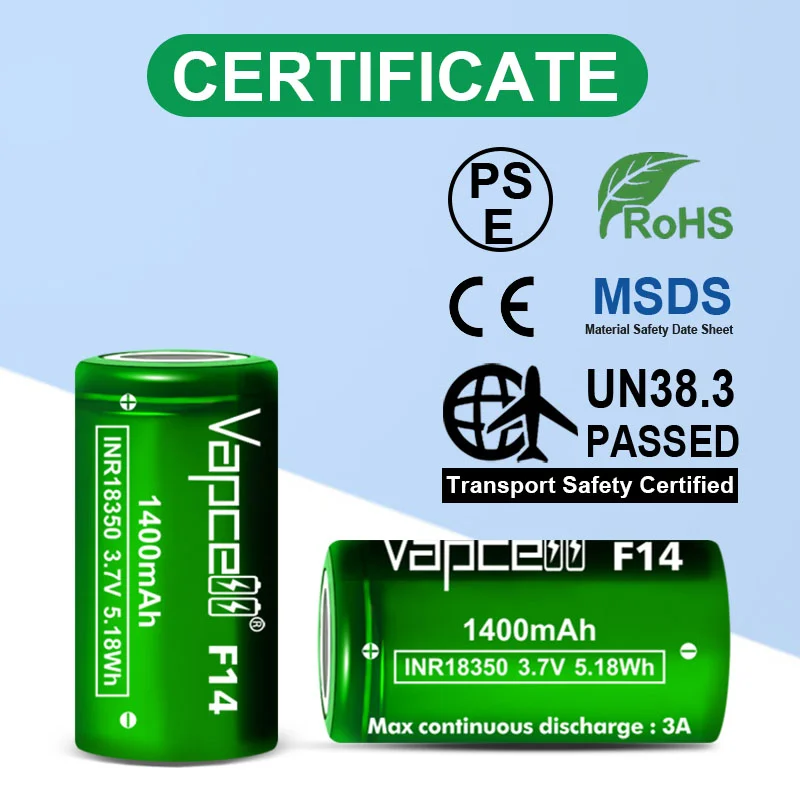 Vapcell INR 18350 battery F14 1400mah 3A 3.7V Li Ion Battery batteries  for flashlight