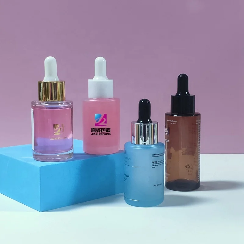 skincare packaging flat shoulder customize colorful pink yellow green glass bottle 20 ml 30 m 50 ml serum bottle syringe