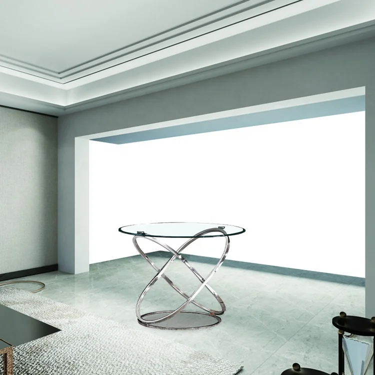 Restaurant kitchen glass top round dining tables stainless steel base furniture