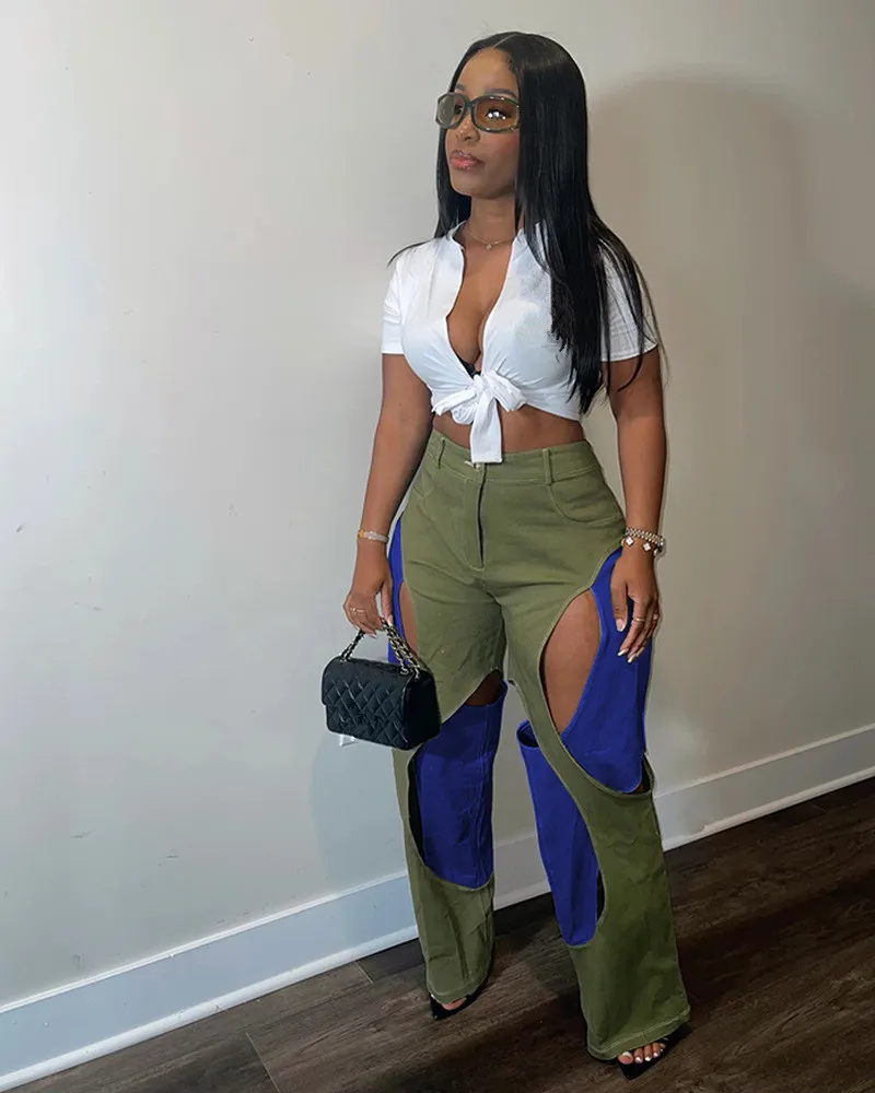 Women Fashion Cargo Pants Long Wide Leg Pants Solid Hollow-out Design High Waist Loose Casual Pants For Ladies