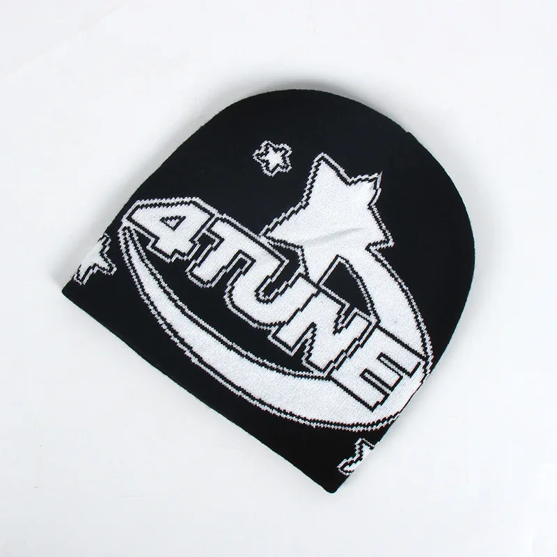 Wholesale Fashion Design Y2K Big Letter 4 Tune Star Logo All Over Print Jacquard Knit Beanie Hat