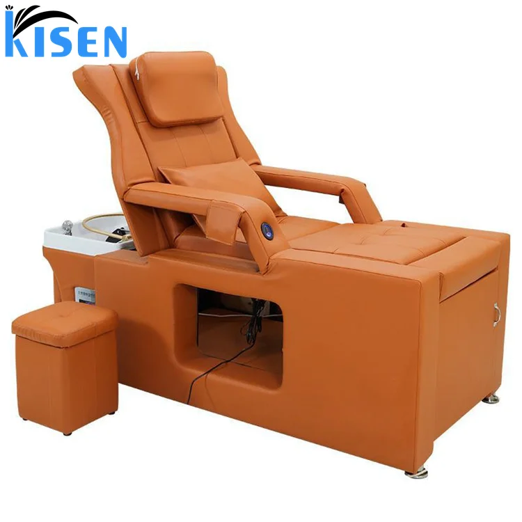 Kisen high quality orange beauty salon furniture electric washing massage chair shampoo bed with water circulation steamer