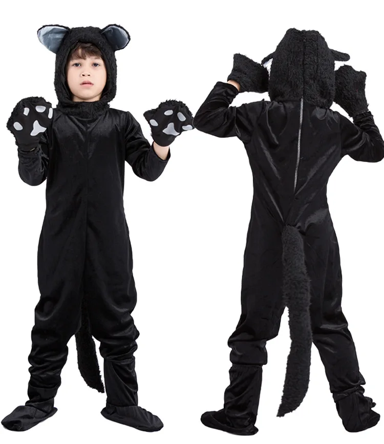 Family Cat Costume Black Cute Cat Cosplay For Kids Halloween Costume Cat Fancy Women Dress Animal Jumpsuit Men Boys