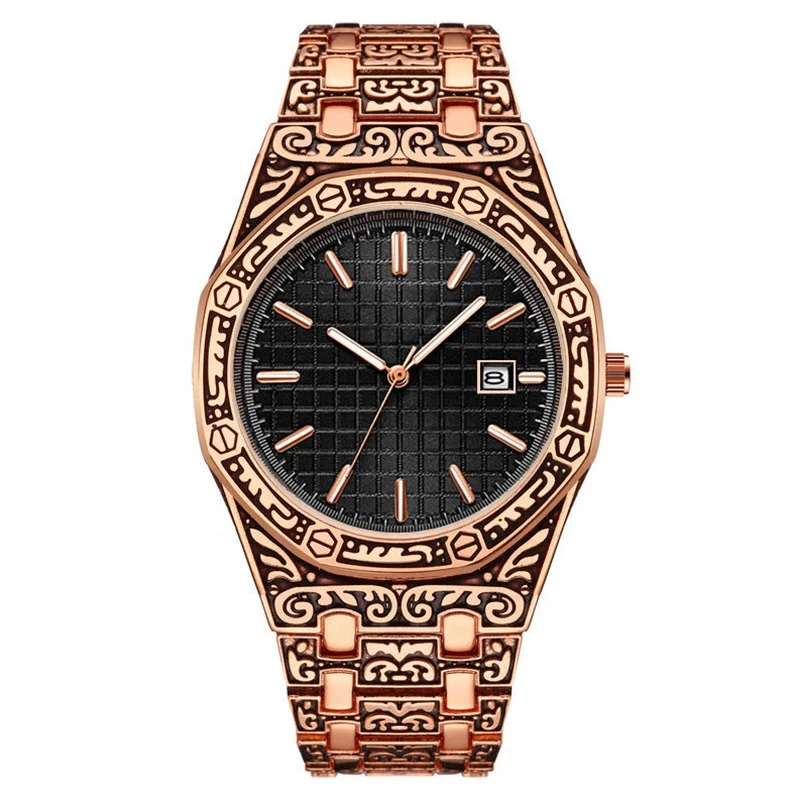 Hot Selling Classic Vintage Gold  Date Quartz Men Wristwatches Luminous Engrave Creative Watches Men Wrist