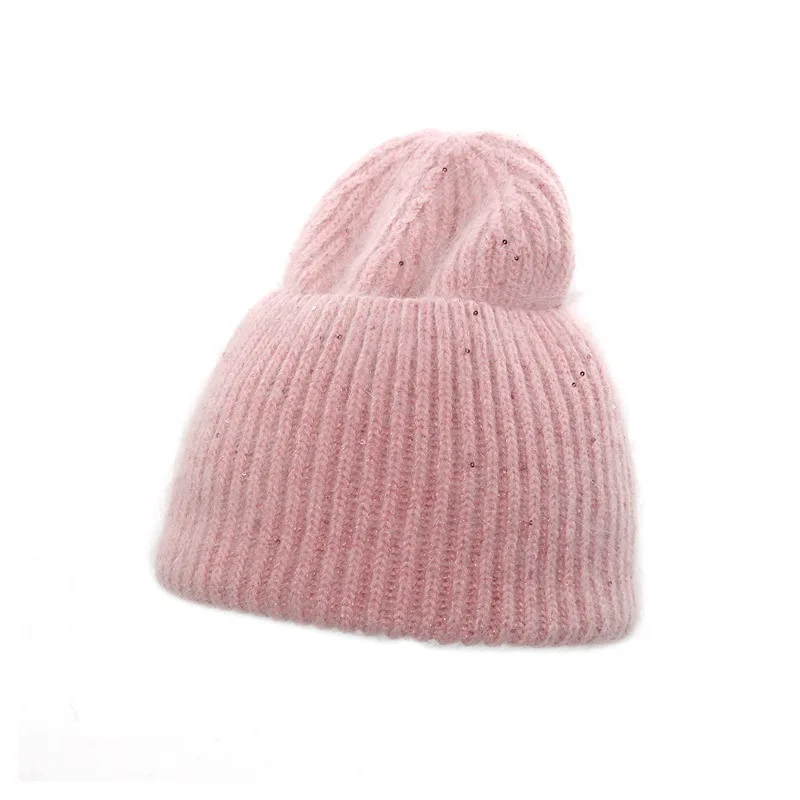 Cold Weather Women Girls Rabbit Fur Angora Blend Hair Knit Beanie with big cuff Fur beanie