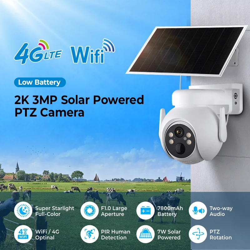3MP WiFi 4G sim card lte super starlight outdoor solar panel camera 2K tuya full color cctv security 4g solar powered ptz camera