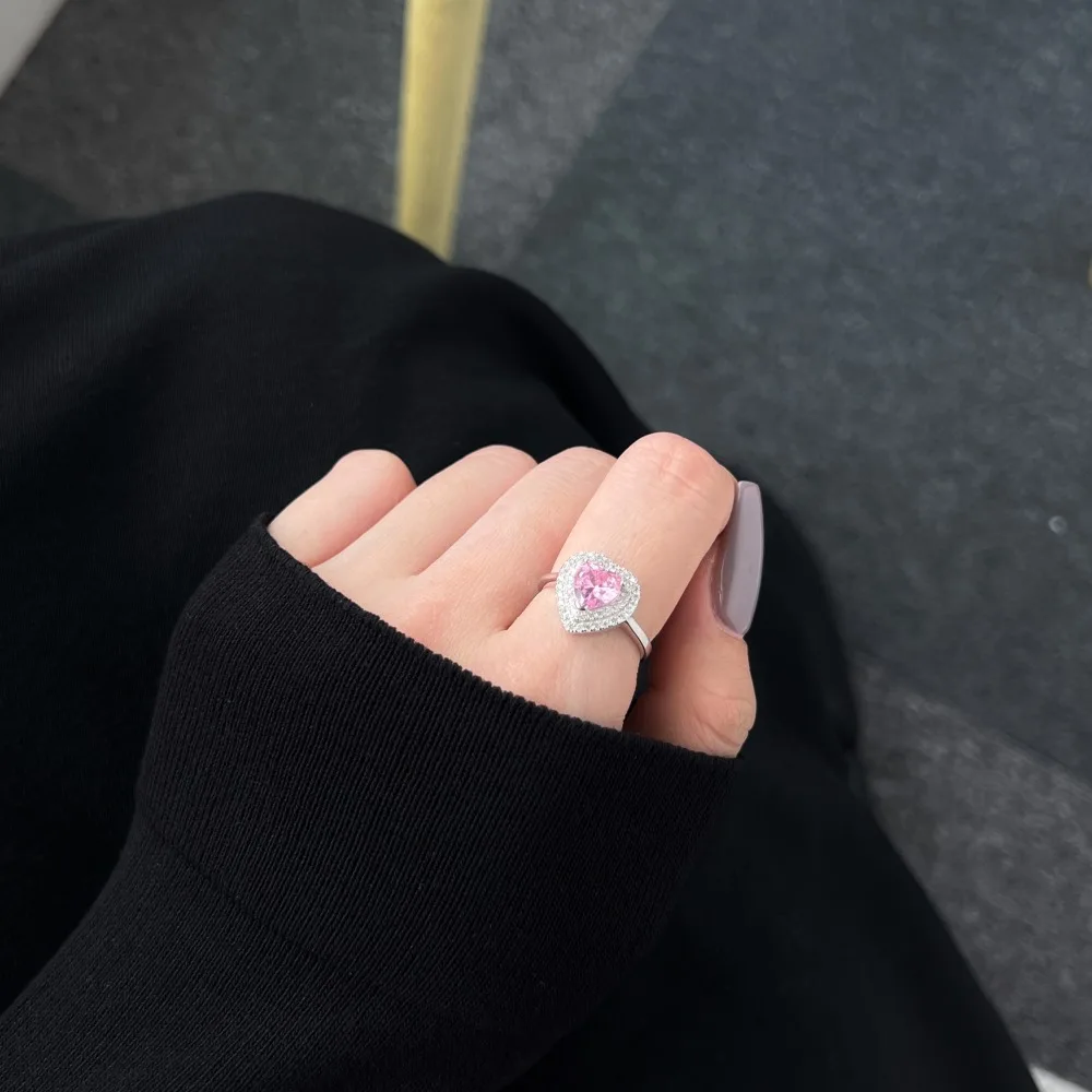 Dylam Sparkling Heart Shape S925 Sterling Silver Ring Band Rainbow Colorful Pink Diamond Cz Cubic Zirconia Rings Jewelry Women
