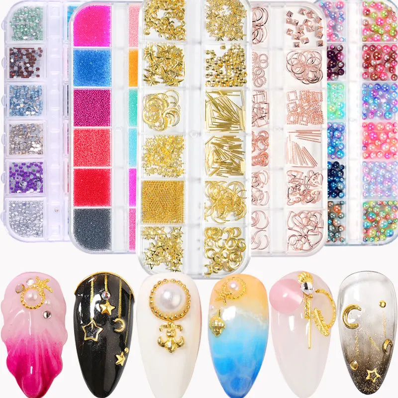 Nail Art Long Bar Box Metal Rivet Diamond Rhinestones Different Size Steel Ball Moon Marine Nail Art