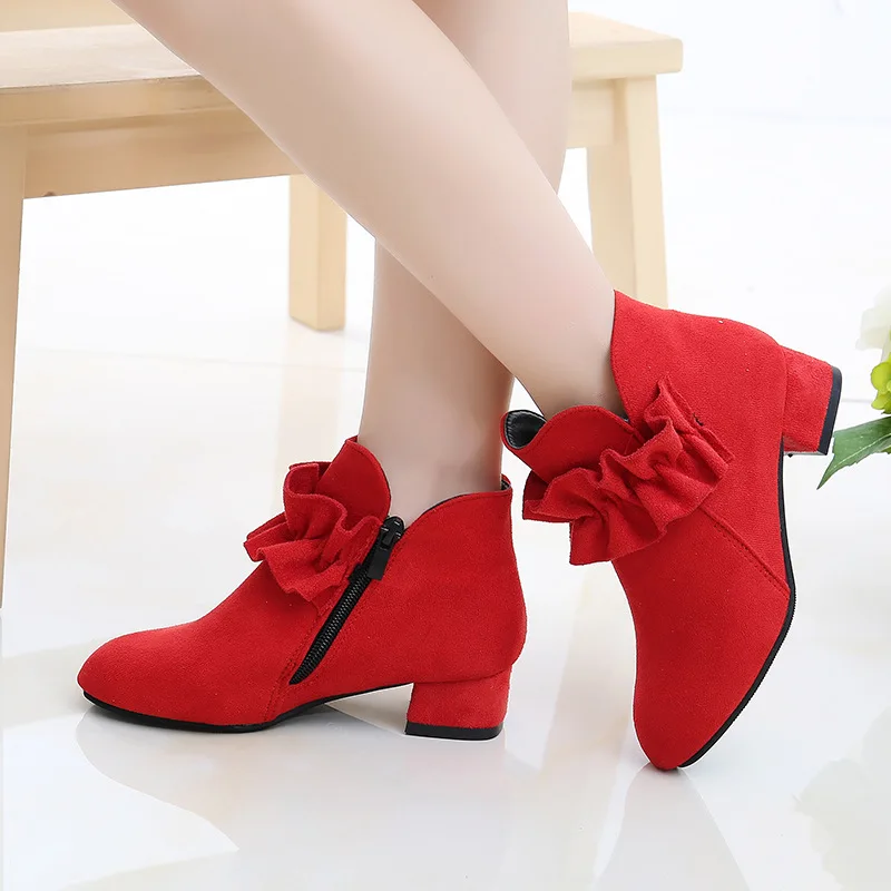 China Supplier New Brand Girls Winter Warm Boots Kids Fleece Short Boots Girls High-heeled Princess Single Boots