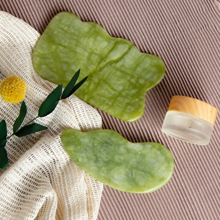 Gloway Hot Selling 8 Types Heart Shape Spa Face Massage Tool Natural Stone Guasha Pad Scraper Green Jade Gua Sha Board Guasha