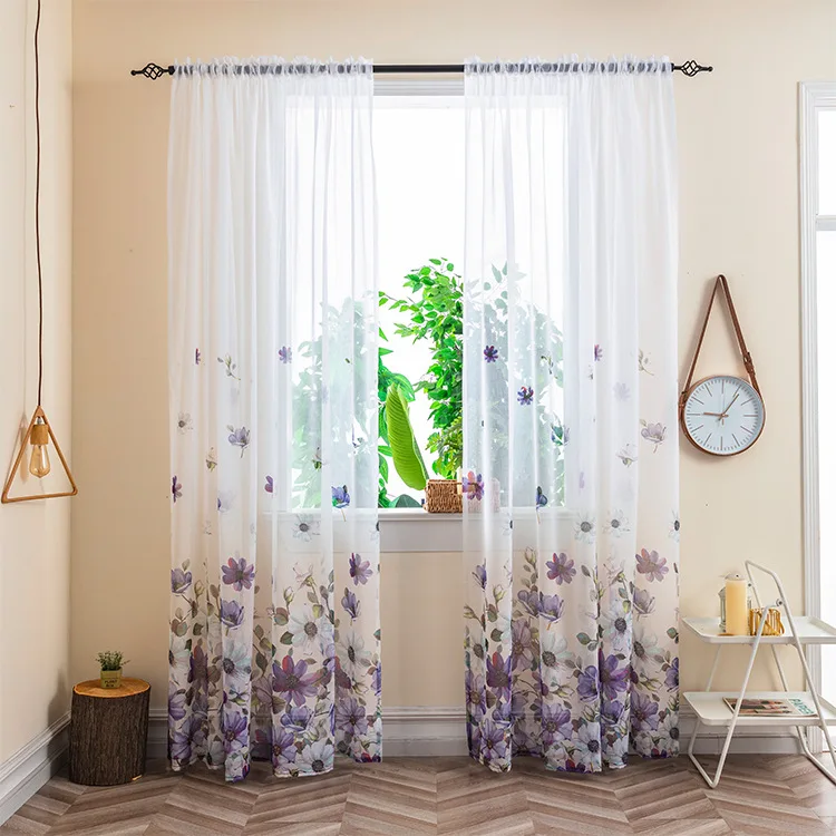 Amity Breathable Fluttering Flower Butterfly Printed Windows Curtains Bedroom Perforated Sheer Curtains For Home Living Room