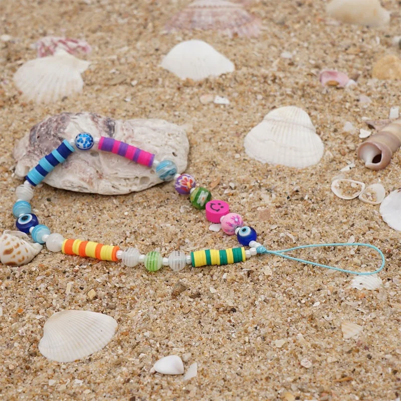 In Stock! Acrylic Resin Mobile Phone Accessories Evil Eye Phone Straps Soft Clay Beads Smiley Face Phone Charms For Women