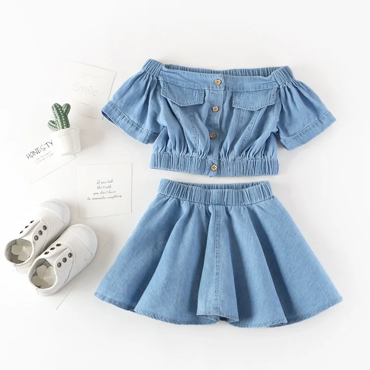korean fashion two piece set  denim dress summer cowboy One-line collar top sun-swing skirt kid clothing set