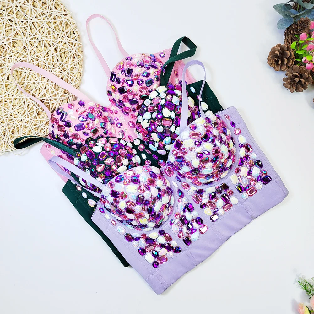 wholesale full rhinestone diamond acrylic luxury ladies boned underwire sexy dance show crop short crystal corset top for women