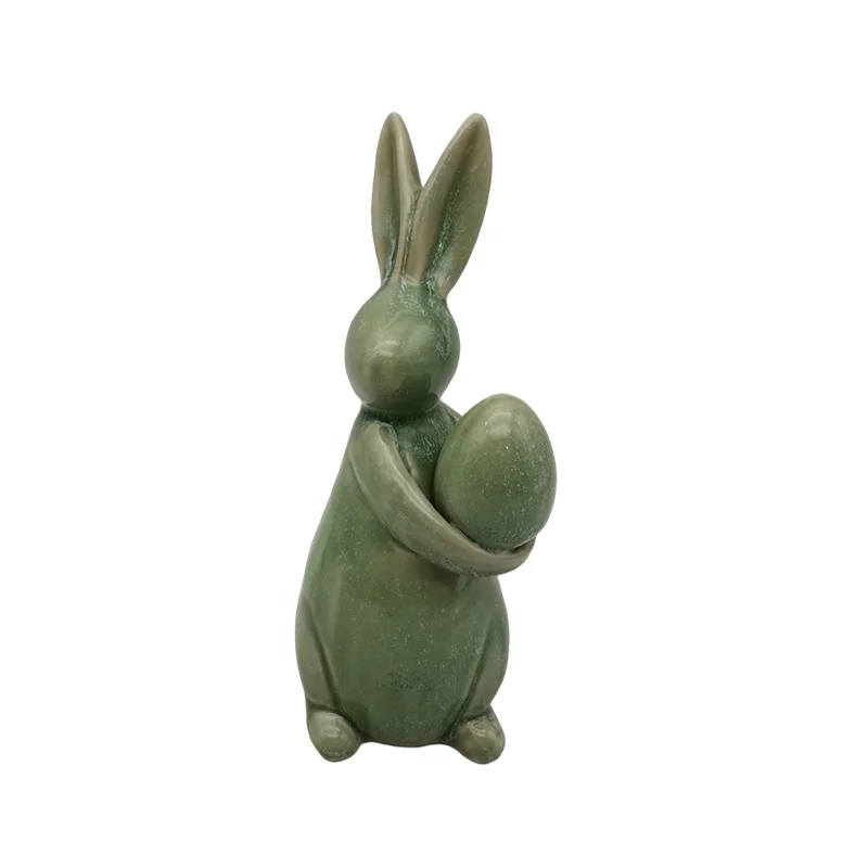 Ceramic Easter ornament happy Easter cute bunny with egg rabbit porcelain animal figurine for desktop decoration centerpiece