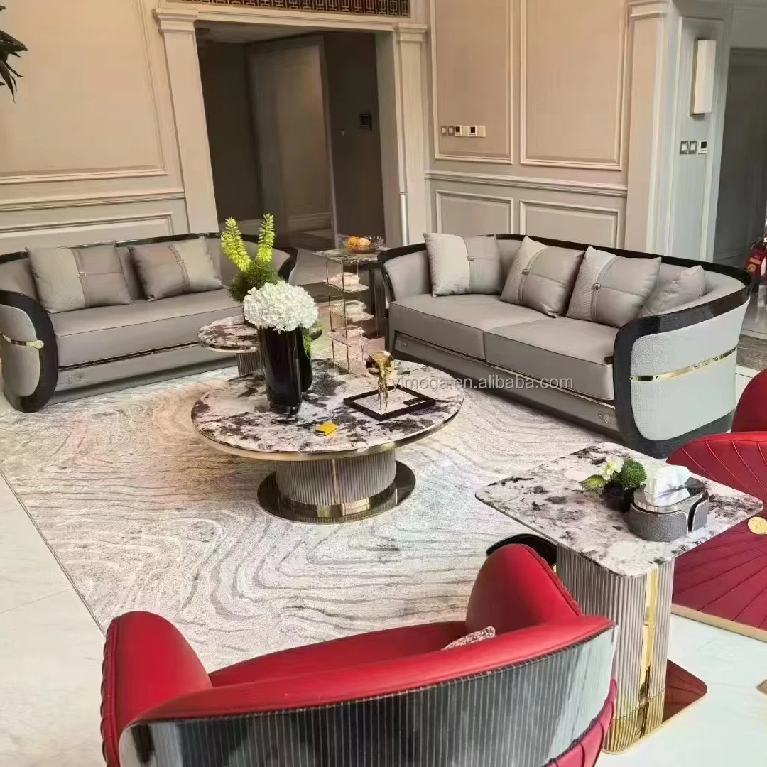 Modern Italian design luxury living room villa hotel sofa furniture Red Grey contrast leather sofa set couch sofa